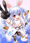  1girl 1other absurdres animal_ear_fluff animal_ears arm_up armpits black_gloves black_legwear black_leotard blue_hair blush_stickers braid breasts carrot carrot_hair_ornament cleavage coat don-chan_(usada_pekora) food-themed_hair_ornament foreshortening from_above fur_scarf fur_trim garters gloves hair_ornament hani_wahanihani highres hololive leg_up leotard leotard_under_clothes long_hair looking_at_viewer looking_up nousagi_(usada_pekora) open_mouth pantyhose playboy_bunny rabbit_ears rabbit_girl rabbit_tail red_eyes shoes smile standing standing_on_one_leg strapless strapless_leotard tail twin_braids twintails usada_pekora v very_long_hair virtual_youtuber white_coat white_footwear 