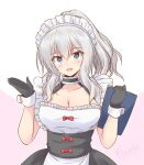  1girl alternate_costume apron black_choker black_gloves blue_eyes breasts choker cleavage commentary_request enmaided frilled_choker frills gloves highres icesherbet kantai_collection kashima_(kancolle) large_breasts looking_at_viewer maid maid_headdress menu one-hour_drawing_challenge sidelocks silver_hair solo twintails upper_body waitress wavy_hair white_apron 