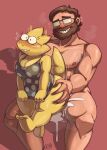  absurd_res alphys anthro beard big_breasts blush bodily_fluids bottomless breasts buckteeth butt butt_grab butt_squish cleavage clothed clothing cum dress duo eyewear facial_hair female genital_fluids glasses grin hand_on_butt hi_res human human_on_anthro interspecies kryadrawgin larger_human larger_male lizard male male/female mammal muscular muscular_male nude on_lap red_background reptile scalie simple_background size_difference smaller_anthro smaller_female smile squish sweat teeth undertale_(series) 