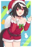  1girl absurdres ahoge animal_ears asahina_yoi bell belt black_hair blush box_art breasts brown_belt cleavage hat highres horse_ears horse_girl horse_tail jewelry kitasan_black_(umamusume) looking_at_viewer multicolored_hair necklace open_mouth red_eyes ribbon santa_costume santa_hat short_hair smile snowman streaked_hair tail tree umamusume white_hair 