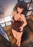  1girl aquaegg areolae black_hair blush breasts brown_eyes cameltoe cleavage collarbone covered_navel eyebrows_visible_through_hair girls_und_panzer highres indoors large_breasts lingerie negligee no_bra no_panties open_mouth oshida_(girls_und_panzer) shiny shiny_hair shiny_skin short_hair solo sweat underwear 