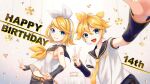  1boy 1girl aroeruji3 bass_clef blonde_hair blue_eyes bow brother_and_sister cake confetti detached_sleeves fang food foreshortening hair_bow happy_birthday headset highres kagamine_len kagamine_rin looking_at_viewer midriff midriff_peek navel neckerchief necktie open_mouth sailor_collar selfie shorts siblings smile treble_clef twins v vocaloid yellow_belt yellow_nails yellow_neckerchief yellow_necktie 