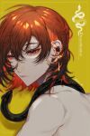  1boy brown_hair earrings highres jewelry kumo_lys looking_at_viewer male_focus multicolored_hair nu_carnival red_eyes red_hair snake solo yakumo_(nu_carnival) yellow_background 