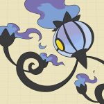  chandelure commentary fire from_side grid_background kelvin-trainerk outline pokemon pokemon_(creature) purple_fire solo twitter_username watermark yellow_background yellow_eyes 