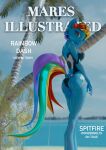  3d_(artwork) absurd_res anthro beach blue_body butt clothing cover digital_media_(artwork) equid equine female friendship_is_magic hi_res looking_back magazine_cover mammal melvelvin my_little_pony rainbow_dash_(mlp) seaside solo sport_swimsuit swimwear wet wet_body 