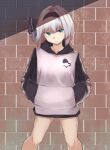  1girl alternate_costume aqua_eyes black_hoodie bob_cut breasts brick_wall closed_mouth cowboy_shot hakugyokurou hands_in_pockets highres hitodama_print hood hoodie konpaku_youmu long_sleeves naked_hoodie outdoors rizeass short_hair silver_hair small_breasts thighs touhou wall white_hoodie 