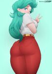  1girl ass belt blue_eyes breasts bulma cowboy_shot dragon_ball dragon_ball_z earrings english_commentary flytrapxx from_behind green_background green_hair high-waist_pants highres jewelry large_breasts long_hair looking_back mature_female mullet narrow_waist one_eye_closed pants red_pants reward_available shirt solo standing stud_earrings t-shirt thick_thighs thighs v 