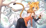  1boy animal animal_ears aroeruji3 ass bird blonde_hair blue_eyes body_markings branch facial_hair fingernails from_behind hair_between_eyes highres jewelry kagamine_len looking_at_viewer looking_back male_focus open_mouth outdoors ring sharp_fingernails solo tail tiger tiger_ears tiger_tail tree vocaloid white_tiger 