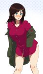  1girl ada_badguy bangs black_hair blue_eyes frown girls_und_panzer gradient gradient_background green_jacket highres jacket jacket_pull leaning_forward long_hair long_sleeves looking_at_viewer no_pants nonna_(girls_und_panzer) notice_lines off_shoulder open_mouth polka_dot polka_dot_background pravda_school_uniform red_shirt school_uniform shirt solo standing swept_bangs turtleneck undressing 