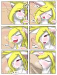  anthro bald blonde_hair bodily_fluids clothing comic duo english_text female furniture hair human kissing kissing_neck lagomorph leporid licking male male/female mammal rabbit red_eyes sofa sweat text tongue tongue_out tosun whiner 