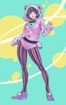  1girl animal_ears bangs bear_ears black_hair breasts fake_animal_ears higashikata_daiya highres hood jojo_no_kimyou_na_bouken jojolion kibstar large_breasts light_blue_background pantyhose purple_eyes short_hair striped striped_legwear 