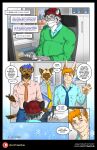  anthro blue_hair chair clothing comic domestic_cat eyewear felid feline felis furniture glasses group hair hat headgear headwear hi_res hyaenid lagomorph leporid male mammal necktie office office_chair orange_hair pantherine rabbit snow snow_leopard speech_bubble whitetigercub 