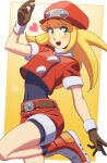  1girl absurdres belt bike_shorts blonde_hair brown_gloves cabbie_hat cropped_jacket gloves green_eyes hat highres jacket long_hair looking_at_viewer mega_man_(series) mega_man_legends open_mouth red_headwear red_jacket red_shorts rog_rockbe roll_caskett_(mega_man) short_sleeves shorts smile solo 