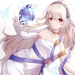  1girl absurdres breasts cleavage corrin_(fire_emblem) corrin_(fire_emblem)_(female) dress fire_emblem fire_emblem_fates hair_between_eyes hair_ornament hairband highres jewelry long_hair long_sleeves looking_at_viewer pointy_ears red_eyes reia_hana simple_background single-shoulder_dress smile solo white_dress white_hair 