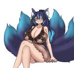  1girl absurdres animal_ear_fluff animal_ears breasts crossed_legs deculture feet_out_of_frame fox_ears fox_girl fox_tail glasses hair_ornament heterochromia highres huge_breasts lingerie long_hair multicolored_hair original second-party_source sitting smile tail underwear 