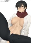  1girl abs black_hair black_pants breasts casual english_commentary expressionless flytrapxx grey_eyes hair_over_one_eye highres large_breasts long_sleeves looking_at_viewer mikasa_ackerman navel no_bra open_clothes open_fly open_shirt pants red_scarf reward_available scarf shingeki_no_kyojin shirt sitting socks solo spread_legs toned white_background white_shirt 