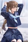  1girl absurdres bench blue_neckerchief blue_sailor_collar blue_serafuku blue_shirt blue_skirt blurry blurry_background brown_eyes brown_hair closed_mouth commentary hands_in_hair hands_up highres hy_(hem_oo) light_blush light_particles long_hair long_sleeves looking_to_the_side midriff_peek neckerchief original pleated_skirt ponytail sailor_collar school_uniform serafuku shirt sitting skirt solo straight-on symbol-only_commentary 