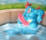  absurd_res anthro biceps big_penis big_teeth blue_body blue_skin bodily_fluids claws crocodilian drooling erection feraligatr genital_fluids genitals grass hi_res knot looking_at_viewer lounging male muscular muscular_male nintendo outside partially_submerged pecs penis pink_penis plant pok&eacute;mon pok&eacute;mon_(species) precum presenting presenting_penis reclining reptile saliva scalie sitting solo thick_penis thick_tail thick_thighs tongue tongue_out video_games water wet zerrazoid 