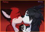  anthro black_body black_fur blue_eyes canid canine canis domestic_dog duo eyes_closed fox fur hand_holding hi_res horn husky kissing male male/male mammal nordic_sled_dog red_body red_fur rivey_ravenheart scar spitz xfotzy 