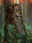  2022 anthro breasts brown_hair clothed clothing day detailed_background digital_media_(artwork) eyewear felid female forest fossa666 glasses grass hair hi_res lion mammal outside pantherine plant solo tree 