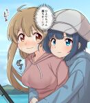  2girls absurdres ahoge ao_(flowerclasse) bangs black_hair blue_eyes blue_jacket blush breasts brown_eyes brown_hair brown_hoodie cabbie_hat closed_mouth commentary_request day drawstring eyebrows_visible_through_hair fishing_rod grey_headwear hair_between_eyes hat highres hood hood_down hoodie jacket medium_breasts minagi_hiyori minagi_koharu multiple_girls nose_blush outdoors slow_loop sweat translation_request upper_body v-shaped_eyebrows water wavy_hair 