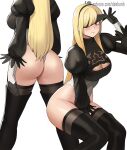  1girl ass bangs between_legs black_gloves black_legwear blindfold blindfold_lift blonde_hair blush breasts cleavage_cutout closed_mouth clothing_cutout commentary cosplay donburi_(donburikazoku) from_behind gloves hairband hand_between_legs highleg highleg_leotard highres juliet_sleeves kitagawa_marin large_breasts legs_apart leotard long_hair long_sleeves multiple_views nier_(series) nier_automata patreon_logo patreon_username puffy_sleeves red_eyes simple_background sono_bisque_doll_wa_koi_wo_suru standing thighhighs thighs web_address white_leotard yorha_no._2_type_b yorha_no._2_type_b_(cosplay) 