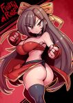  1girl armpits ass bow breasts brown_hair cleavage closed_mouth fight&#039;n_rage fingerless_gloves gal_(fight&#039;n_rage) gloves hair_bow highres large_breasts long_hair looking_at_viewer midriff red_eyes solo thighhighs tukiwani 