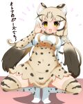  1girl :3 animal_ears bangs berusa_(berutoo) black_hair blonde_hair blush bow bowtie cat_ears cat_girl cat_tail commentary_request eyebrows_visible_through_hair fang geoffroy&#039;s_cat_(kemono_friends) hair_ornament high-waist_skirt highres kemono_friends long_hair long_sleeves looking_at_viewer multicolored_hair navel ok_sign open_mouth shirt skirt smile solo spread_legs squatting tail thighhighs translation_request twintails yellow_eyes 