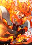  1boy armor blue_bodysuit bodysuit boku_no_hero_academia clenched_teeth endeavor_(boku_no_hero_academia) fiery_hair fighting_stance fire foreshortening kanapy male_focus mature_male muscular muscular_male pauldrons serious short_hair shoulder_armor solo spiked_hair teeth third-party_source upper_body 