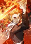  1boy belt black_jacket blonde_hair cape demon_slayer_uniform fire hands_up holding holding_sword holding_weapon jacket japanese_clothes katana kimetsu_no_yaiba long_hair long_sleeves male_focus multicolored_hair pants red_background red_eyes red_hair rengoku_kyoujurou satsuya scar scar_on_face scar_on_forehead sidelocks signature smile smoke solo sword thick_eyebrows two-tone_hair veiny_hands weapon white_belt widow&#039;s_peak 