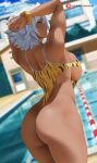  1girl animal_print araneesama arms_behind_head arms_up ass back backboob blurry blurry_background breasts cowboy_shot dark_skin dutch_angle from_behind highres large_breasts looking_at_viewer looking_back muscular muscular_female original patreon_username poolside print_swimsuit profile short_hair shoulder_blades sideboob sideless_outfit skindentation solo strap_gap swimsuit thong_swimsuit tiger_print water white_hair yellow_eyes 