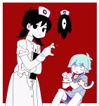  1boy 1girl ahoge bangs basil_(omori) black_eyes black_hair blue_eyes commentary dress expressionless genderswap genderswap_(mtf) gloves green_hair hat highres holding holding_syringe hospital_gown looking_at_viewer low_twintails no_pupils nurse nurse_cap omori puffy_short_sleeves puffy_sleeves red_background rubber_gloves short_hair short_sleeves simple_background soko something_(omori) sunny_(omori) symbol-only_commentary syringe twintails white_dress 