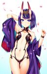  1girl blue_eyes breasts cherry_blossoms commentary_request cowboy_shot eyebrows_visible_through_hair fate/grand_order fate_(series) horns kinosaki_reisui looking_at_viewer navel oni oni_horns petals short_hair shuten_douji_(fate) simple_background small_breasts solo white_background 