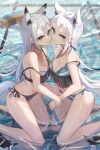  2022 absurd_res animal_humanoid azur_lane bikini black_bikini black_body black_clothing black_ears black_fur black_swimwear black_tail blue_bikini blue_clothing blue_eyes blue_swimwear breasts canid canid_humanoid canine canine_humanoid cleavage clothed clothing collarbone crossover duo ear_piercing ear_ring female fox_humanoid fur grey_hair hair hi_res holding_hose hololive hose human_and_animal_ears humanoid kawakaze_(azur_lane) kitabana kneeling mammal mammal_humanoid midriff multi_ear multicolored_bikini multicolored_clothing multicolored_swimwear open_mouth partially_submerged piercing shirakami_fubuki swimwear virtual_youtuber water white_hair 