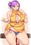  1girl bare_shoulders blue_panties blush breasts breasts_apart cameltoe center_opening china_dress chinese_clothes commentary_request covered_nipples dress dumpling eyebrows_visible_through_hair food foot_out_of_frame hair_between_eyes highres holding holding_plate large_breasts leaning_on_table looking_at_viewer medium_hair open_mouth original orizen panties plate purple_eyes purple_hair red_footwear side-tie_panties sidelocks simple_background solo thick_thighs thighs underwear white_background yellow_dress 