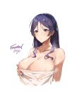  1girl absurdres bangs blush breasts cleavage closed_mouth collarbone cropped_torso fate/grand_order fate_(series) fromgod_jungle highres large_breasts lips long_hair minamoto_no_raikou_(fate) naked_towel parted_bangs purple_eyes purple_hair purple_nails signature simple_background solo sweat towel upper_body white_background 