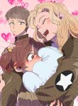  3girls alisa_(girls_und_panzer) aq_sipd blonde_hair breast_smother brown_hair earrings face_to_breasts girls_und_panzer girls_und_panzer_saishuushou heart heart_background jacket jewelry kay_(girls_und_panzer) long_hair multiple_girls naomi_(girls_und_panzer) open_mouth short_hair short_twintails smile twintails 