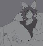  anthro balls canid canine clothed clothing foreskin fox genitals hair long_hair looking_at_viewer male mammal partially_clothed penis shirt sitting sog_(squishy) solo solo_focus squishy_(artist) thick_thighs topwear undressing 