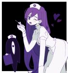  1girl :d bangs black_background clipboard commentary dress gloves hat highres holding holding_syringe long_hair looking_at_viewer mari_(omori) nurse nurse_cap omori one_eye_closed puffy_short_sleeves puffy_sleeves purple_eyes purple_hair rubber_gloves short_sleeves simple_background smile soko something_(omori) symbol-only_commentary syringe very_long_hair white_dress white_gloves 
