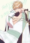  1boy animal blonde_hair brown_eyes brown_hair dorong ferret food_in_mouth hair_ornament hairclip happy_birthday highres large_pectorals male_focus nu_carnival pectoral_cleavage pectorals quincy_(nu_carnival) short_hair sitting solo 