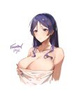  1girl bangs blush breasts cleavage closed_mouth collarbone cropped_torso fate/grand_order fate_(series) fromgod_jungle highres large_breasts lips long_hair minamoto_no_raikou_(fate) naked_towel parted_bangs purple_eyes purple_hair purple_nails signature simple_background solo towel upper_body white_background 