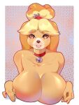  2022 absurd_res animal_crossing anthro big_breasts breasts canid canine canis digital_media_(artwork) domestic_dog eyebrows eyelashes felicer female fingers front_view hair hi_res huge_breasts isabelle_(animal_crossing) looking_at_viewer mammal nintendo shih_tzu solo tongue toy_dog video_games 