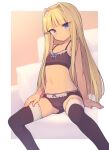 1girl arm_support bangs black_bra black_panties blonde_hair blue_eyes blunt_bangs blush bow bow_panties bra commentary_request commission couch everyntrge expressionless eyebrows_visible_through_hair feet_out_of_frame flat_chest frilled_bra frilled_legwear frilled_panties frills hair_intakes highres lingerie long_hair navel original panties pillow sitting skeb_commission solo thighhighs underwear 