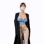  1girl breasts brown_eyes brown_hair cleavage coat coat_on_shoulders derivative_work highres large_breasts looking_at_viewer mask mouth_mask original pants realistic simple_background solo surgical_mask wonbin_lee 