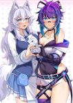  2girls animal_ears bandaid bandaid_on_face bandaid_on_nose bare_shoulders belt belt_buckle blue_eyes blue_hair blush breasts buckle choker cleavage commentary commission covered_navel cowboy_shot english_commentary esencey eyebrows_visible_through_hair fang fingerless_gloves gloves gradient_hair hair_between_eyes heart heart_hands heart_hands_duo highres indie_virtual_youtuber large_breasts leotard long_hair long_sleeves lumi_(merryweather) melody_(projektmelody) multicolored_hair multiple_girls open_mouth ponytail projektmelody purple_hair second-party_source short_shorts shorts single_thighhigh skirt slit_pupils tail thigh_strap thighhighs tongue two-tone_hair vshojo white_hair wolf_ears wolf_girl wolf_tail zipper zipper_pull_tab 