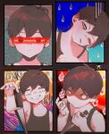  bags_under_eyes bangs black_hair black_tank_top commentary covered_eyes crazy_smile expressions grin highres holding holding_knife kitchen_knife knife male_focus min_(minhk215) omori raindrop_print short_hair sleepy smile sunny_(omori) tank_top v-shaped_eyebrows white_eyes 