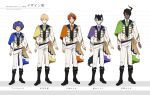  5boys afro ahoge alternate_costume alternate_hairstyle animal_ears aqua_eyes aragami_oga astel_leda award_ribbon bangs black_footwear black_hair black_vest blonde_hair blue_eyes blue_ribbon boots buttons character_name closed_mouth collar_chain collared_shirt commentary_request concept_art copyright copyright_name cross-laced_footwear dark-skinned_male dark_skin double-breasted ear_piercing earrings full_body gold_trim green_eyes green_ribbon hair_between_eyes height_chart heterochromia holostars horns idol jackal_boy jackal_ears jackal_tail jacket jewelry kageyama_shien kishido_temma knee_boots lace-up_boots layered_clothing light_smile looking_at_viewer male_focus multicolored_hair multiple_boys neck_ribbon nozaki_tsubata open_clothes open_jacket orange_eyes orange_hair orange_ribbon outstretched_arm pants parted_bangs piercing pleated_pants purple_eyes purple_ribbon ribbon sash shirt short_hair shoulder_cape simple_background single_earring single_horn smile standing straight-on streaked_hair swept_bangs two-tone_hair uniform v-shaped_eyebrows vest virtual_youtuber waistcoat white_hair white_jacket white_pants white_shirt yellow_eyes yellow_ribbon yukoku_roberu 