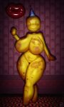  absurd_res balloon big_breasts breasts clothing female hat headgear headwear hi_res humanoid inflatable kiss_mark looking_at_viewer nude party_hat partygoer_(the_backrooms) smile solo the_backrooms thick_thighs walter_sache yellow_body 