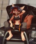  2022 4_toes 5_fingers anthro breasts brown_body brown_fur canid canine clothed clothing digital_media_(artwork) dragonfu eyebrows eyelashes feet female fingers fur green_eyes mammal midriff navel open_mouth sitting smile solo teeth toes tongue 