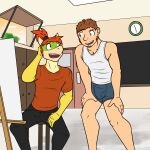  anthro anthrofied beard bottomwear bowser_jr. boxer_briefs bulge clothed clothing duo easel facial_hair fully_clothed fuze hi_res human koopa looking_at_another male male/male mammal mario_bros nintendo pants pantsless scalie shirt t-shirt tank_top topwear underwear video_games 